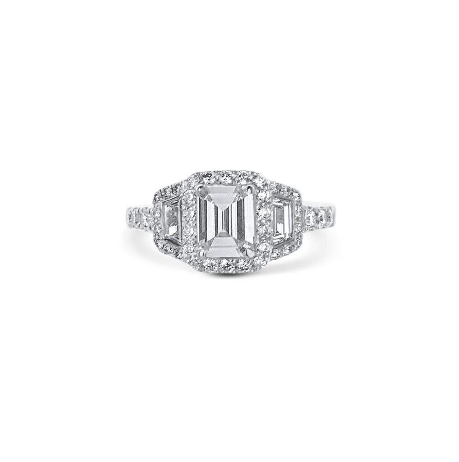Platinum Emerald Cut Engagement Ring with Baguette Accents & Halo