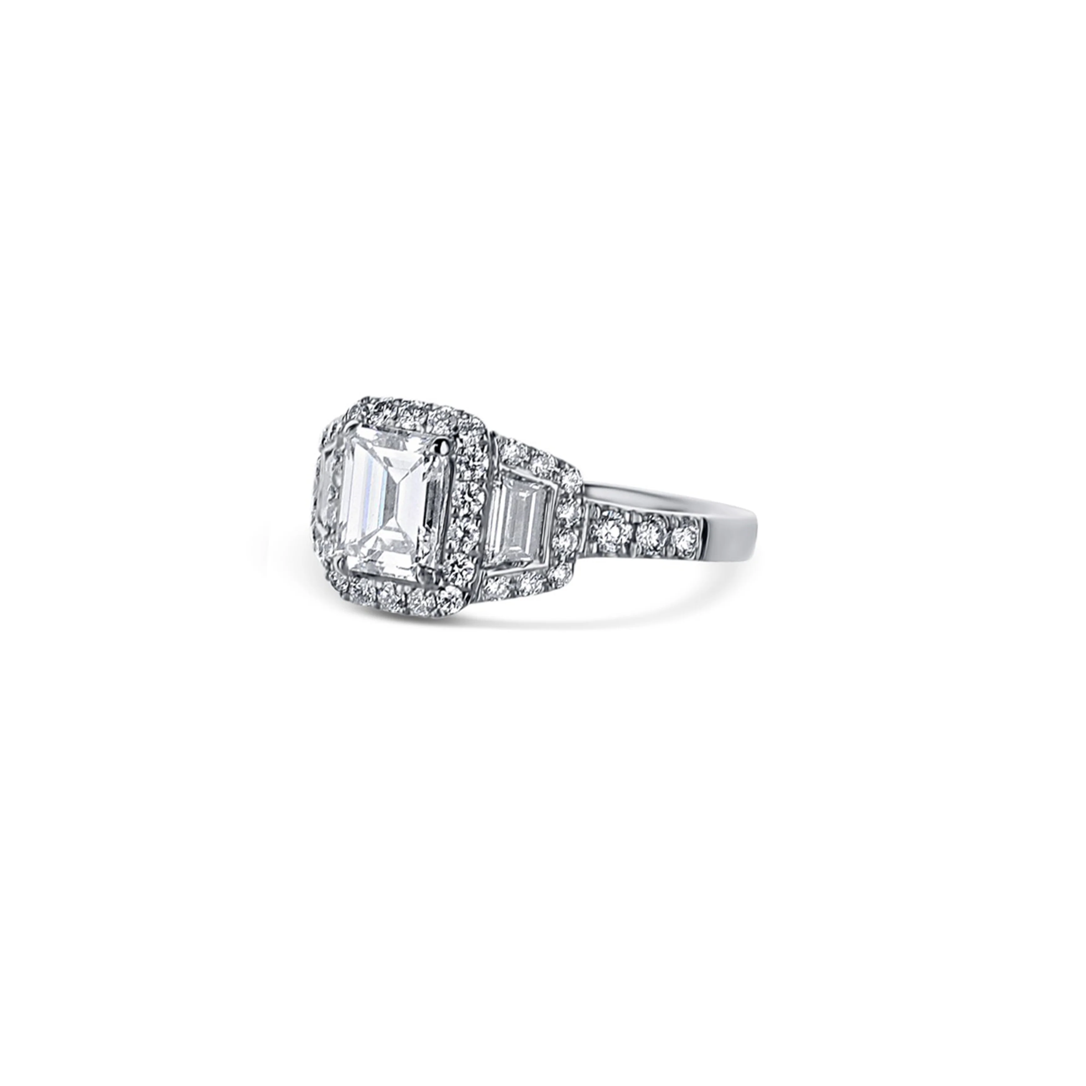 Platinum Emerald Cut Engagement Ring with Baguette Accents & Halo - Image 2