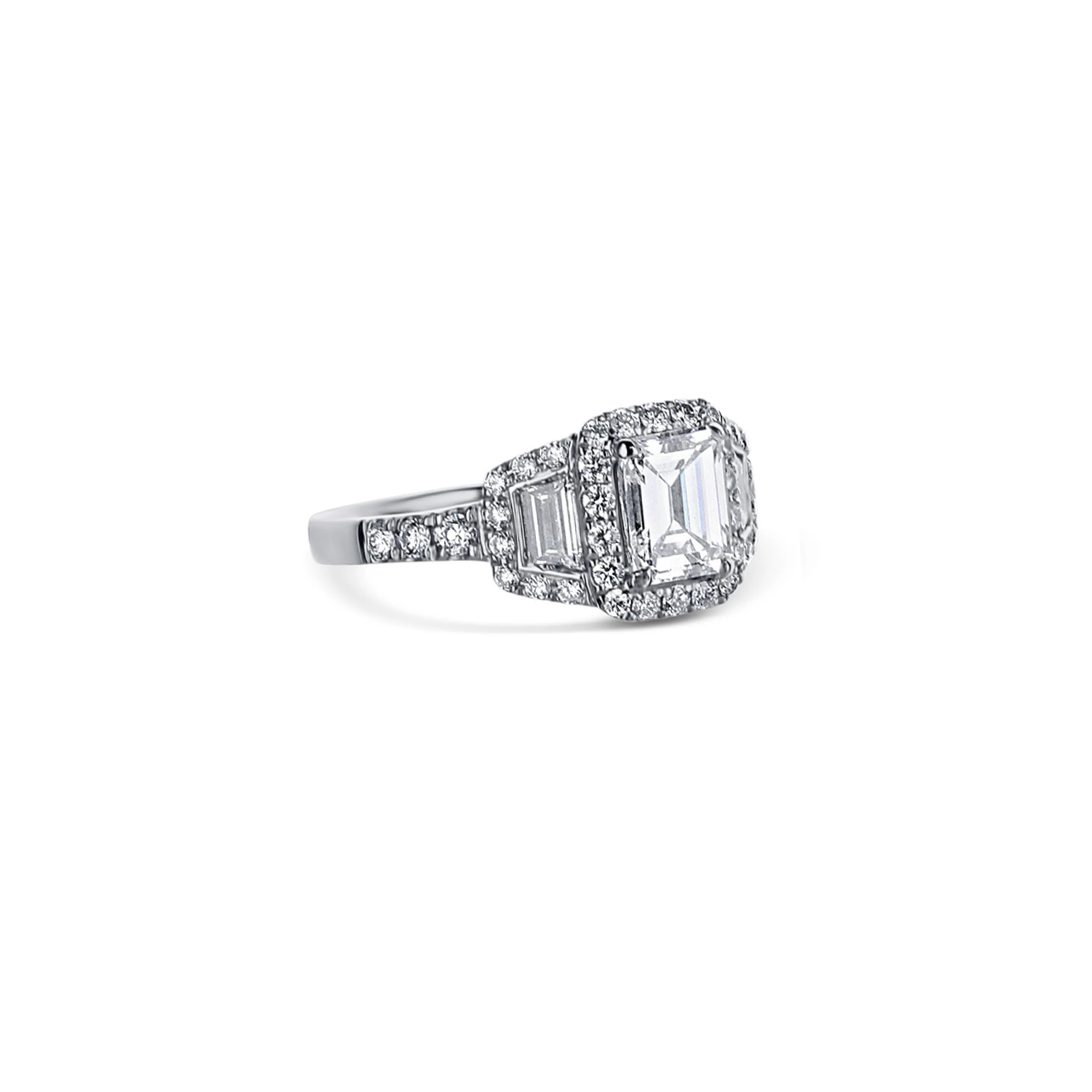 Platinum Emerald Cut Engagement Ring with Baguette Accents & Halo - Image 3