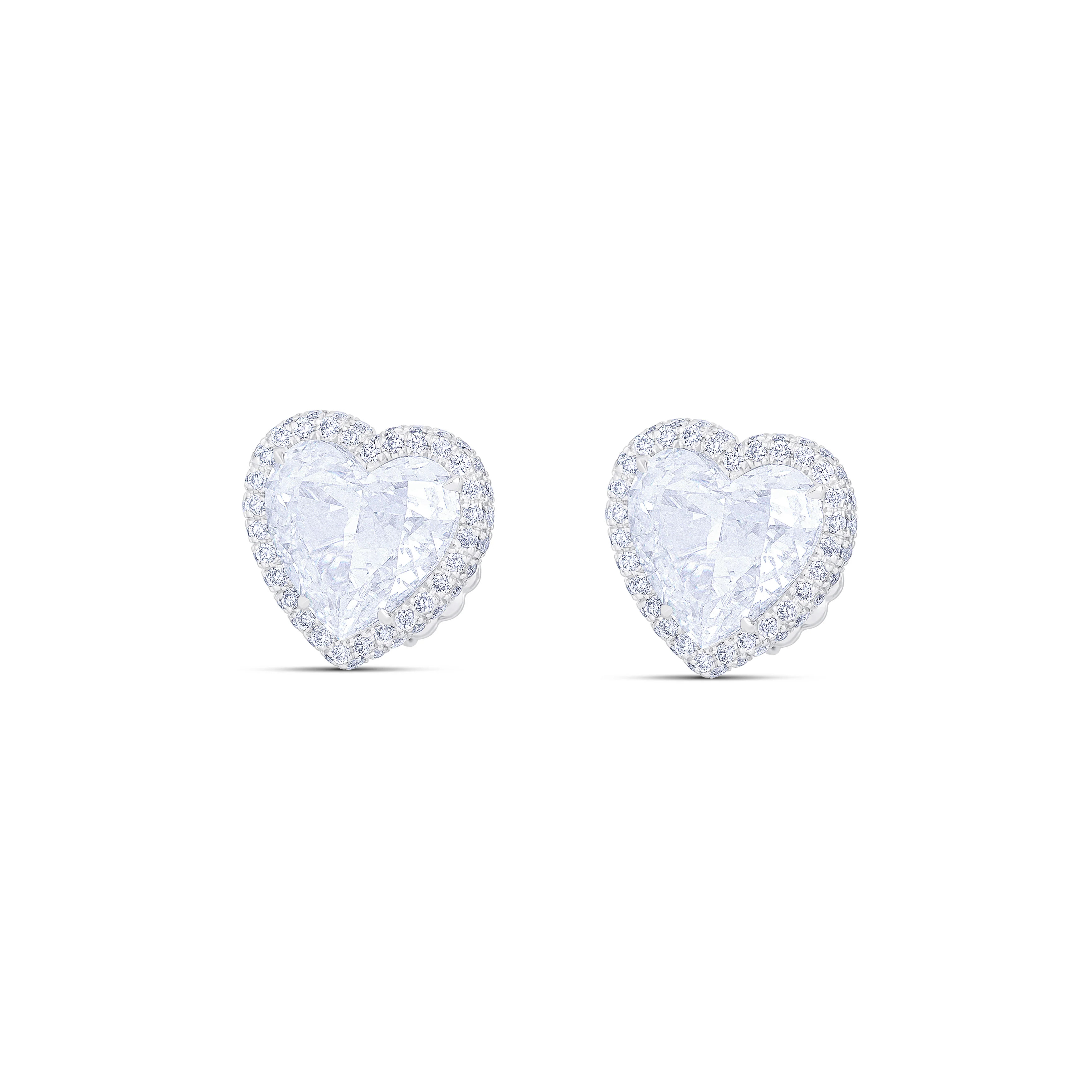 Platinum Heart Cut Diamond and Pavé Diamond Halo Stud Earrings - Image 2
