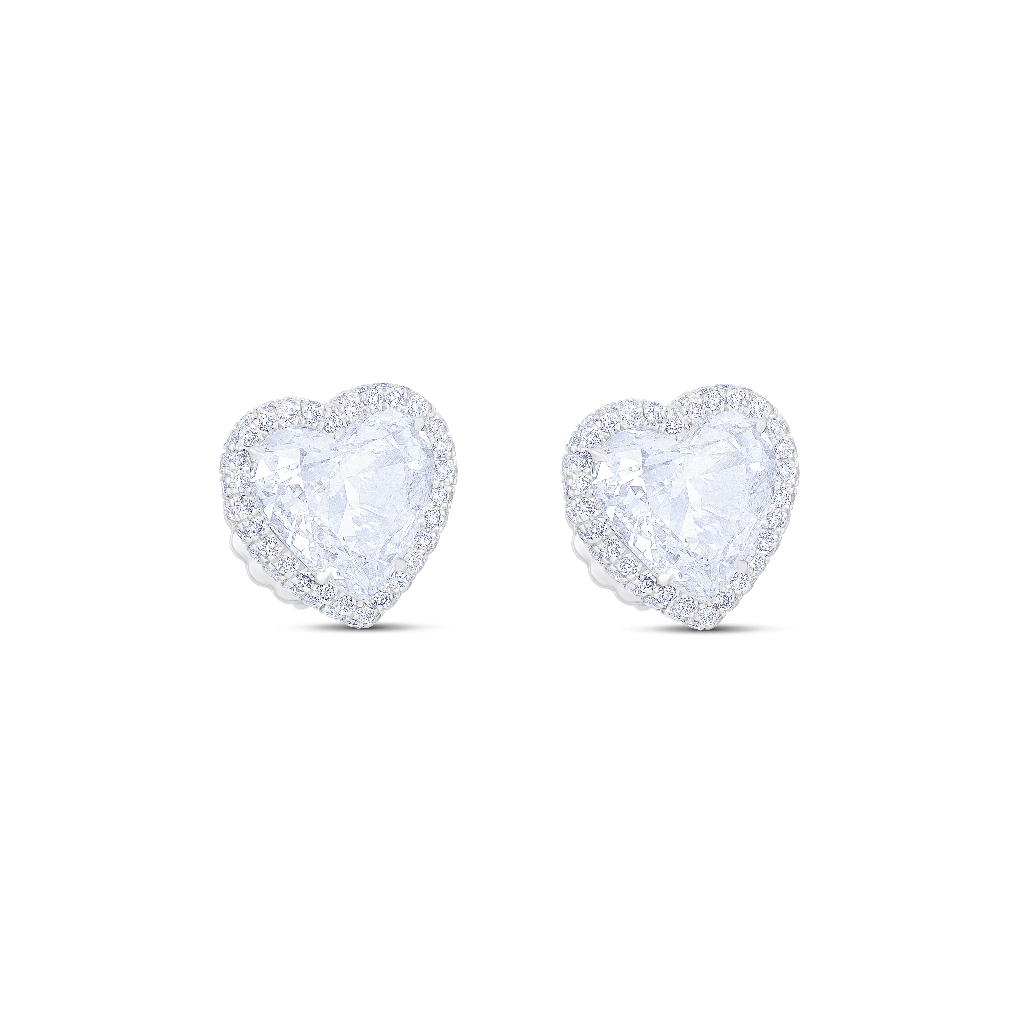 Platinum Heart Cut Diamond and Pavé Diamond Halo Stud Earrings - Image 3