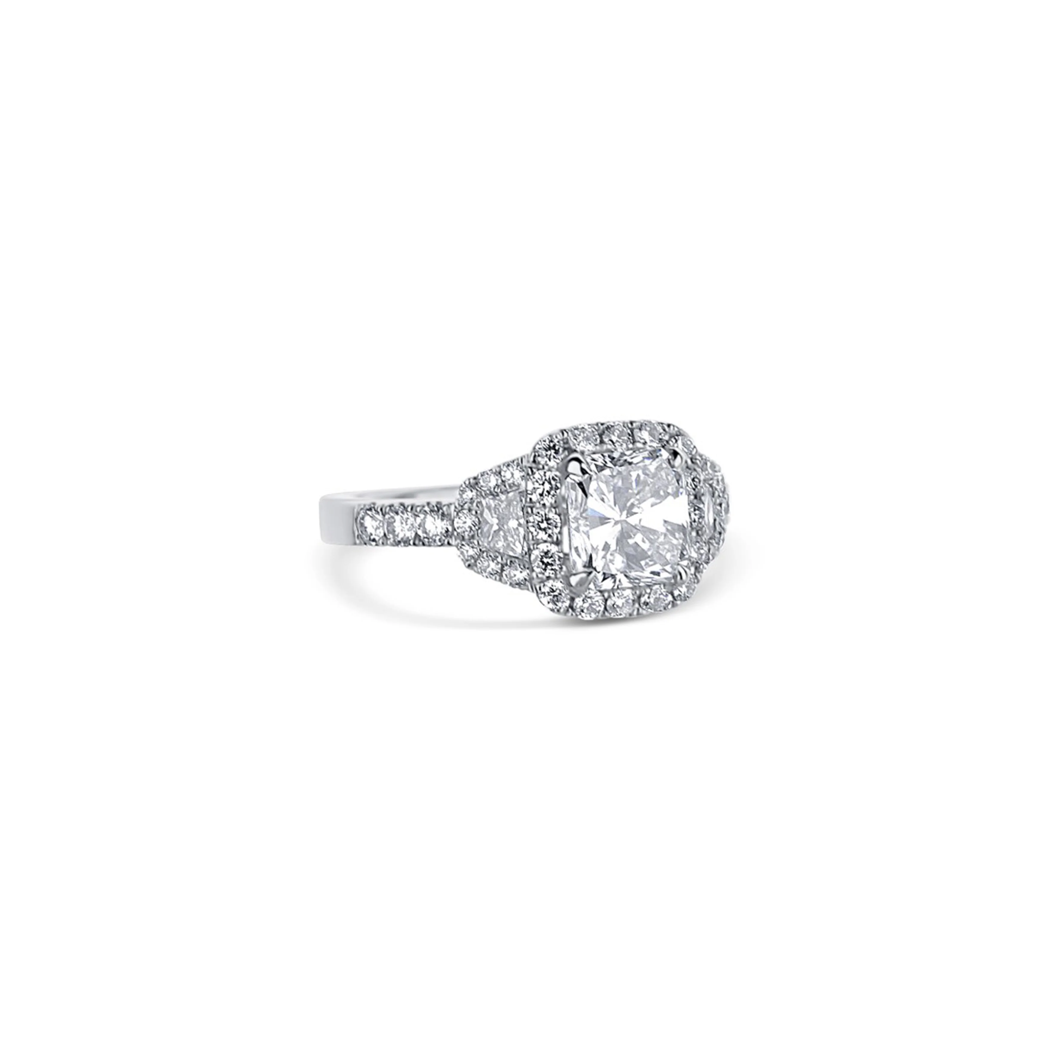 Platinum Princess Cut And Trapezoid Cut Diamond Halo Engagement Ring - Image 2