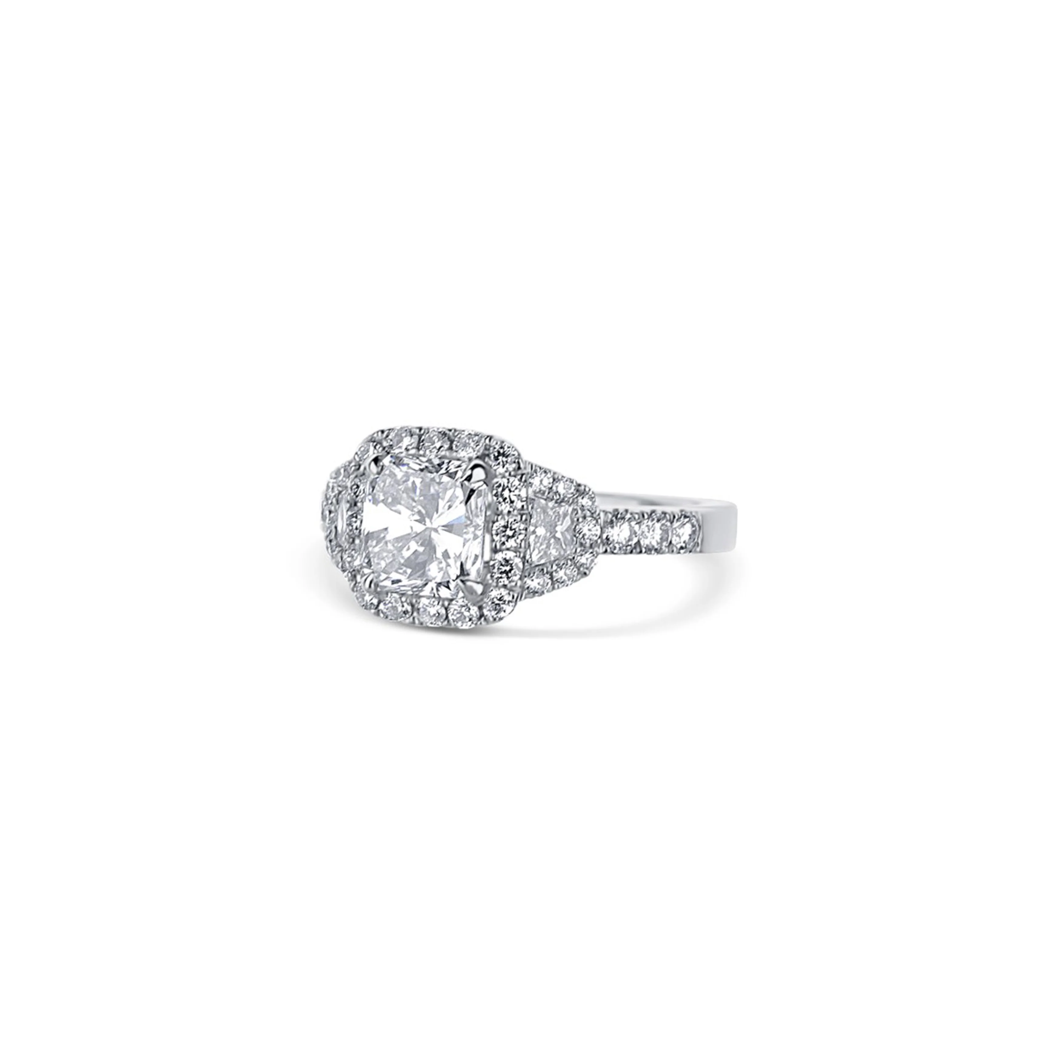 Platinum Princess Cut And Trapezoid Cut Diamond Halo Engagement Ring - Image 3