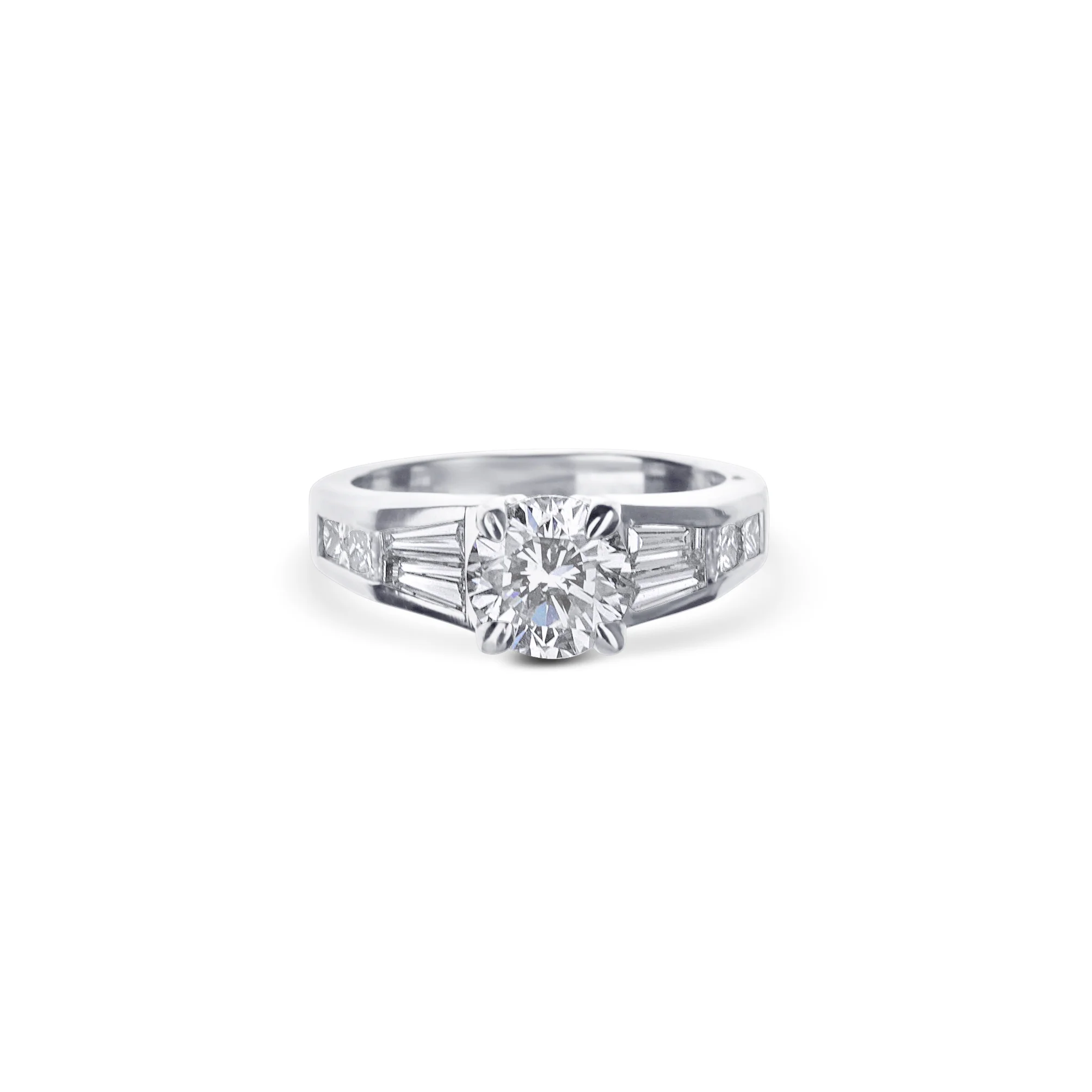 Platinum Round Diamond And Baguette Diamond Engagement Ring