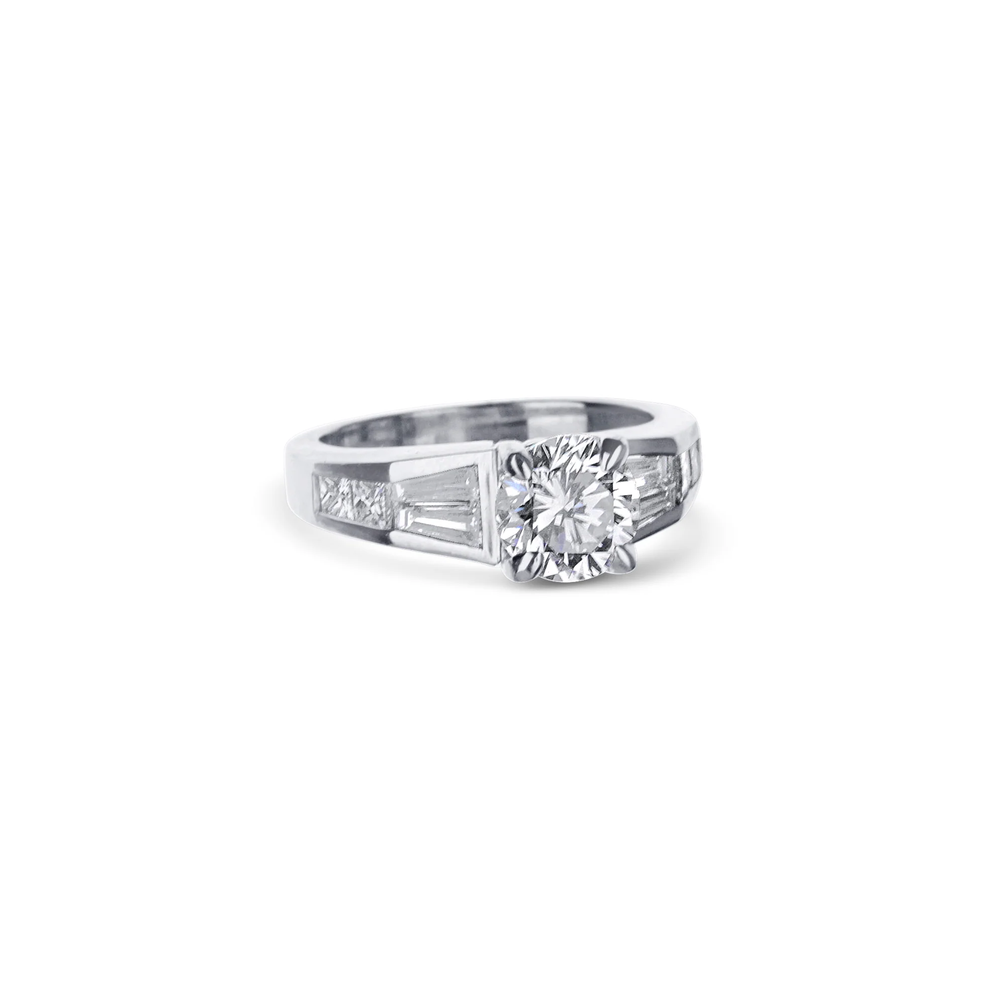 Platinum Round Diamond And Baguette Diamond Engagement Ring - Image 3