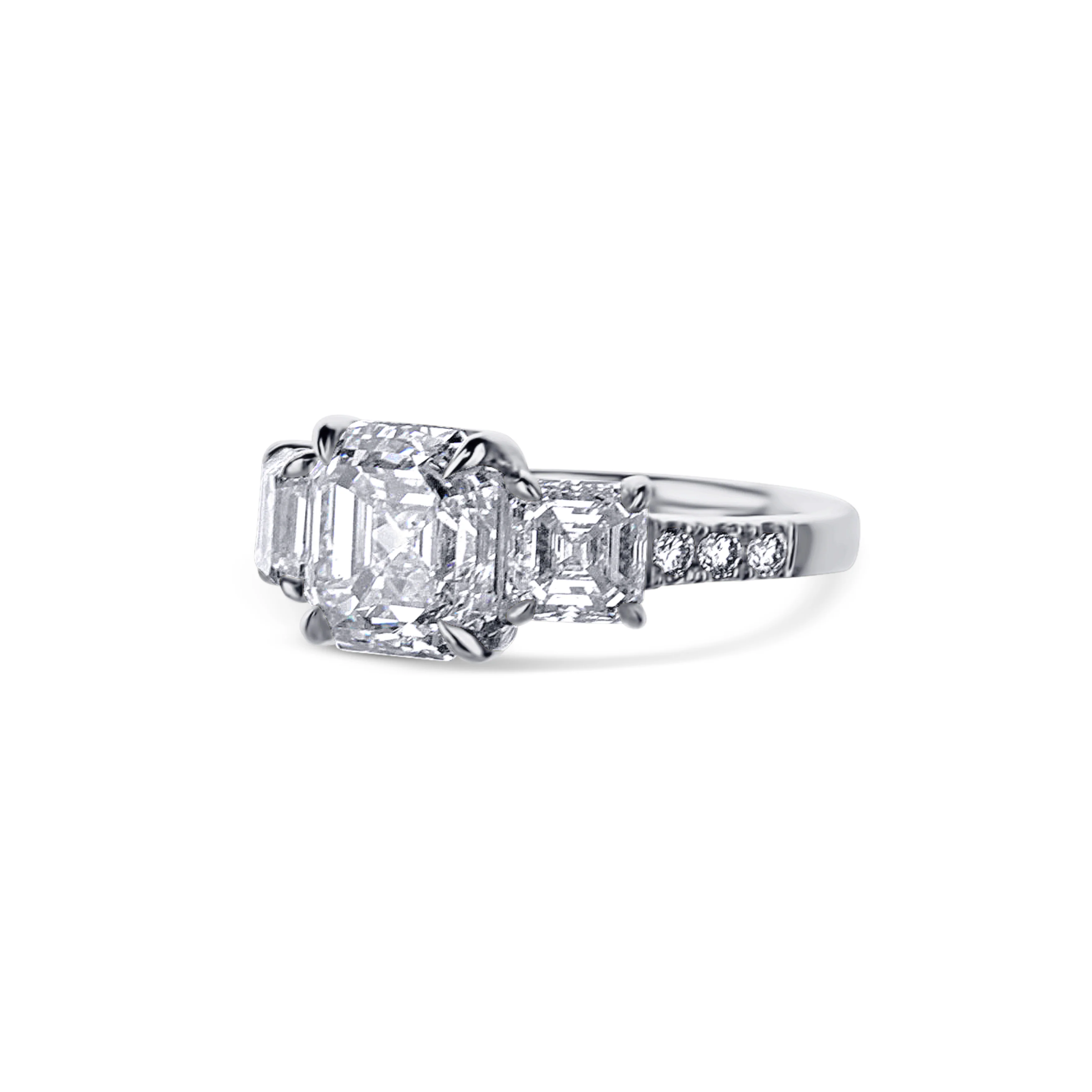 Platinum Three Stone Square Asscher Cut And 2 Accent Asscher Cut Diamond Engagement Ring - Image 2