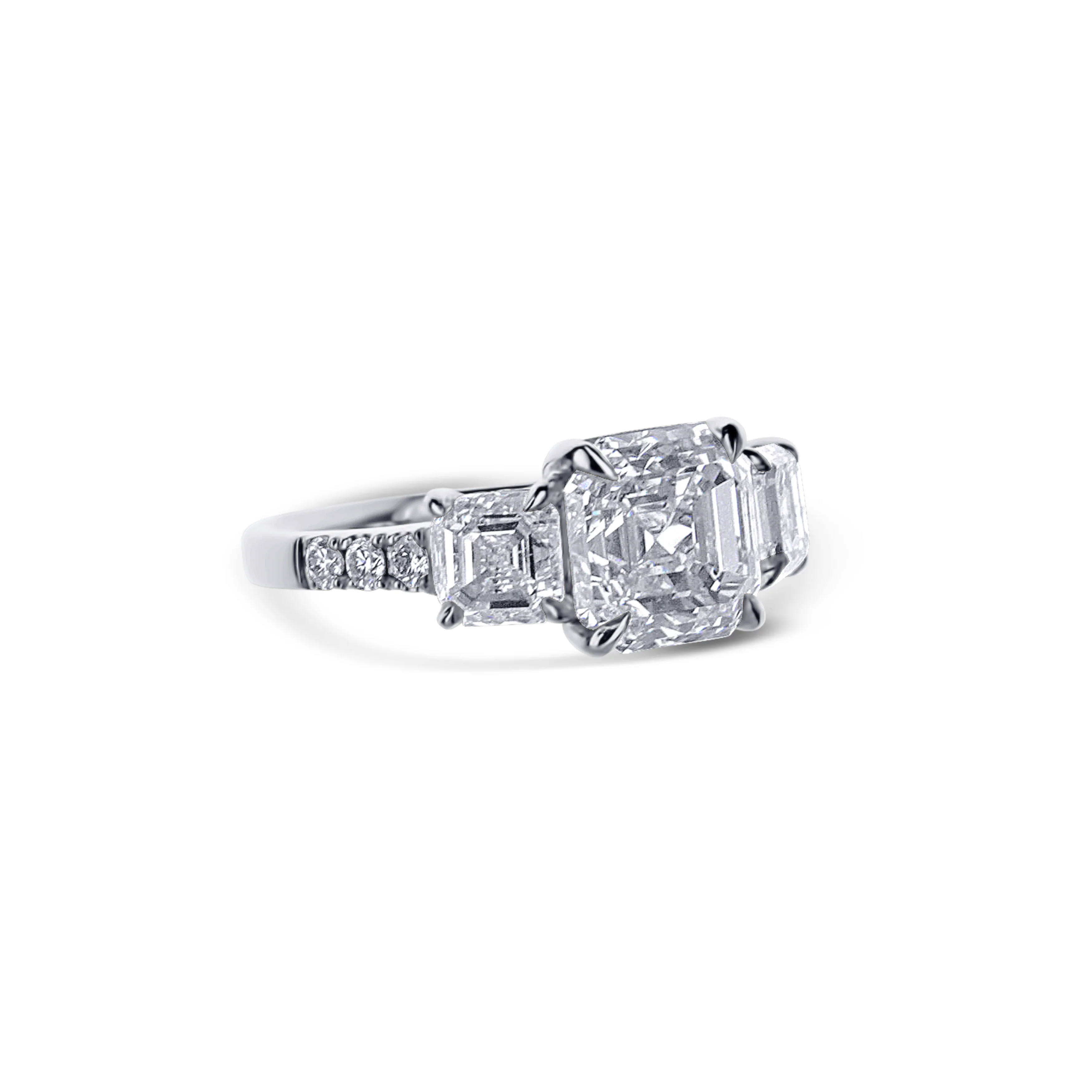 Platinum Three Stone Square Asscher Cut And 2 Accent Asscher Cut Diamond Engagement Ring - Image 3