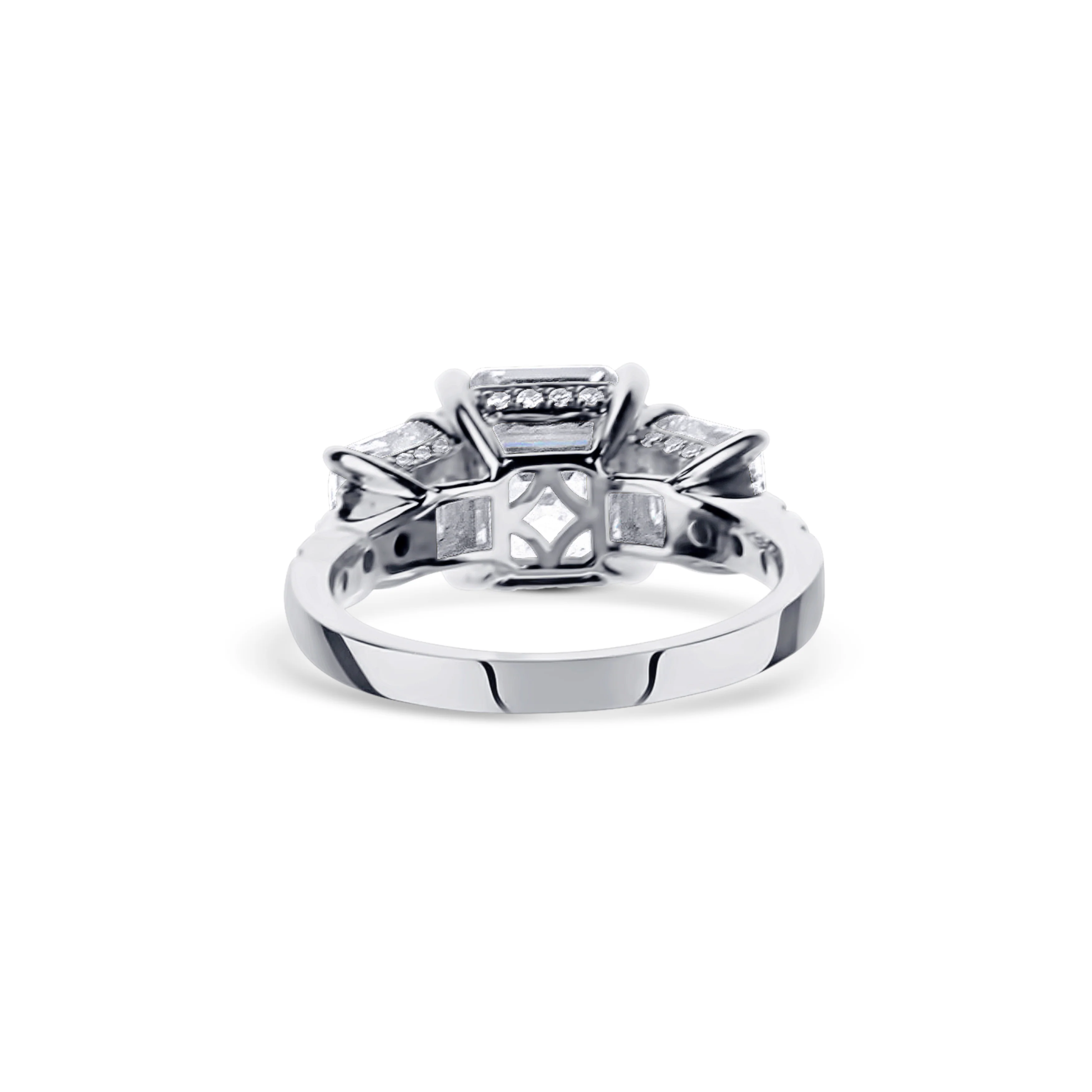 Platinum Three Stone Square Asscher Cut And 2 Accent Asscher Cut Diamond Engagement Ring - Image 4