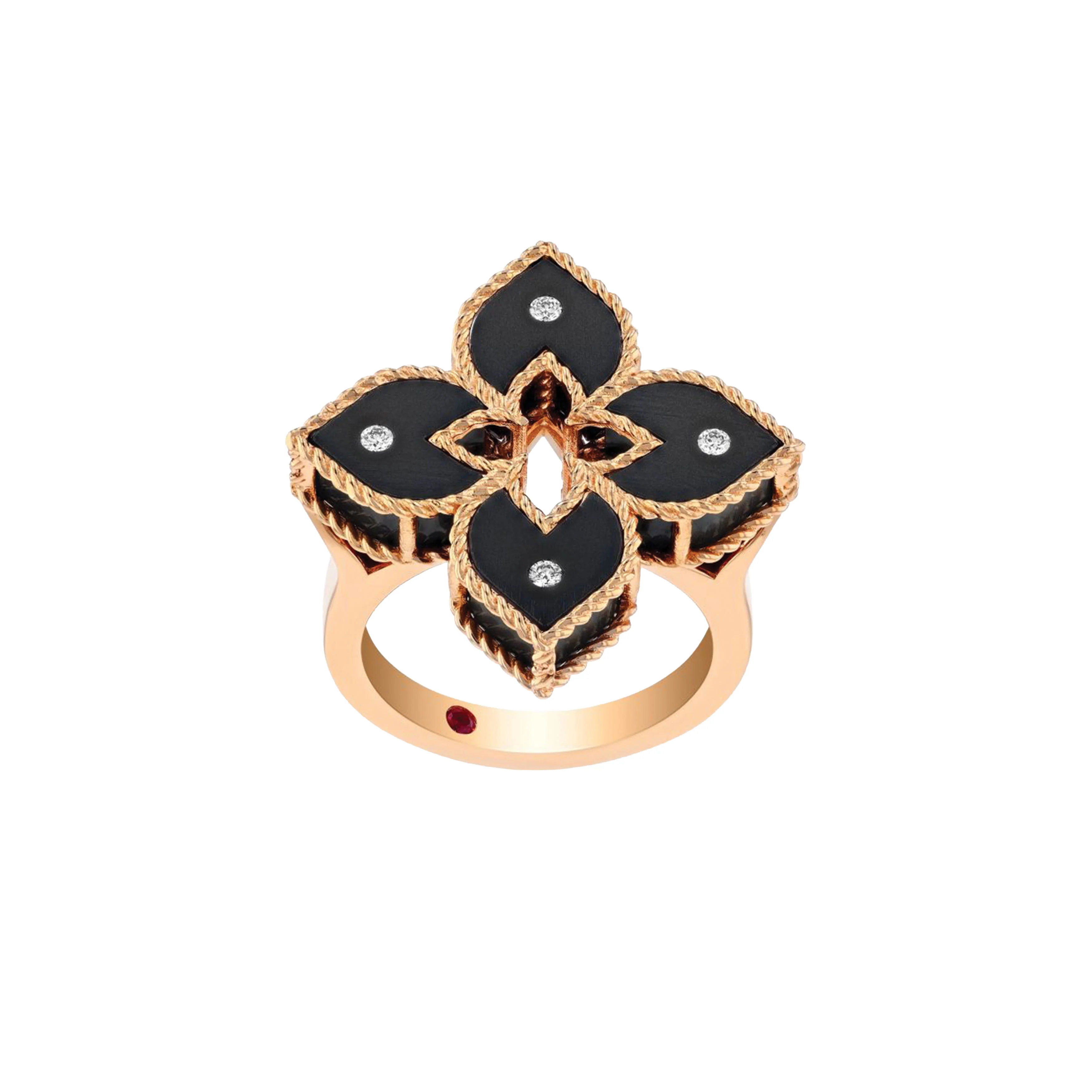 Roberto Coin 18k Yellow Gold Venetian Princess Diamond and Black Enamel Flower Ring
