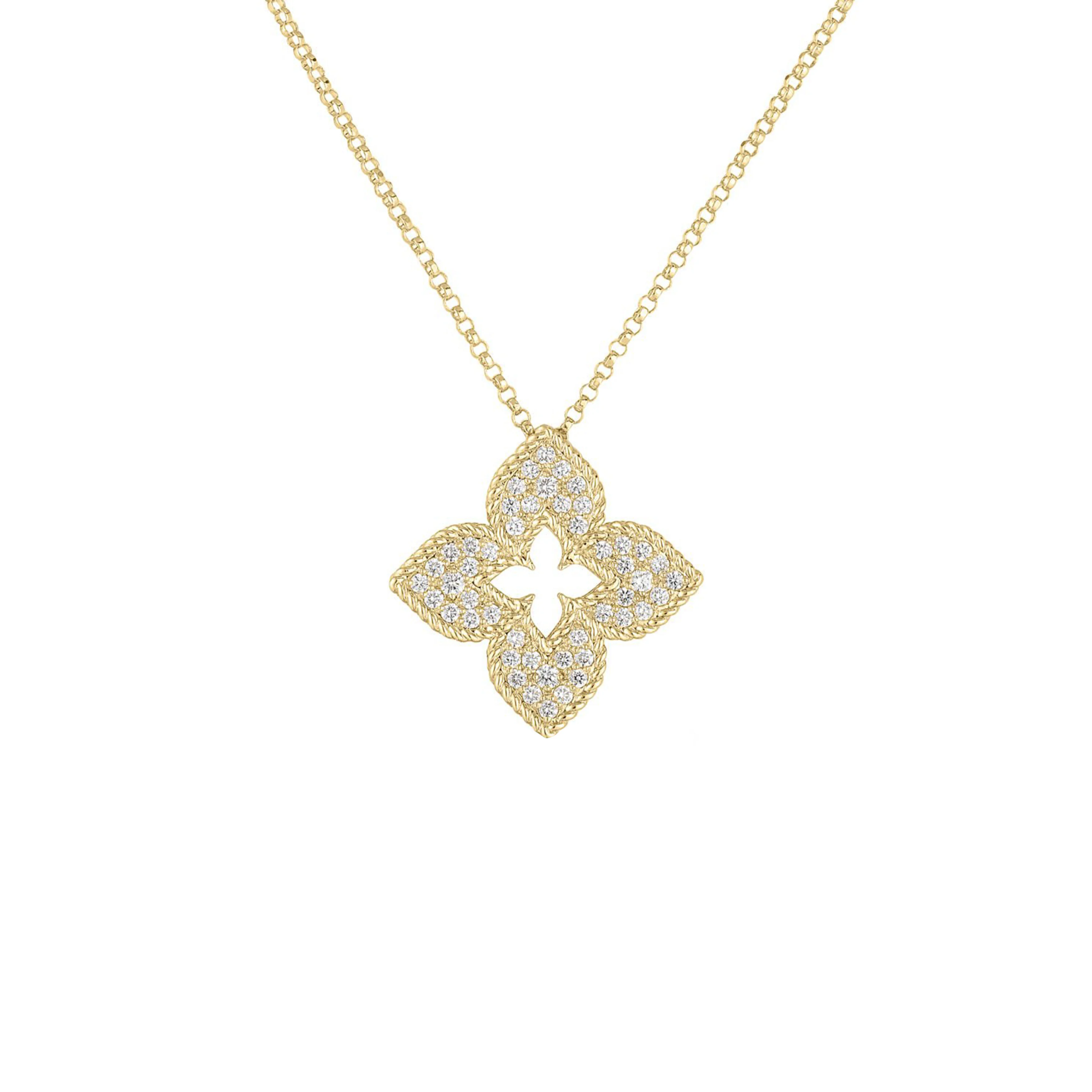 Roberto Coin Venetian Princess 18K Yellow Gold 0.30CT Pavé Diamond Medium Flower Necklace