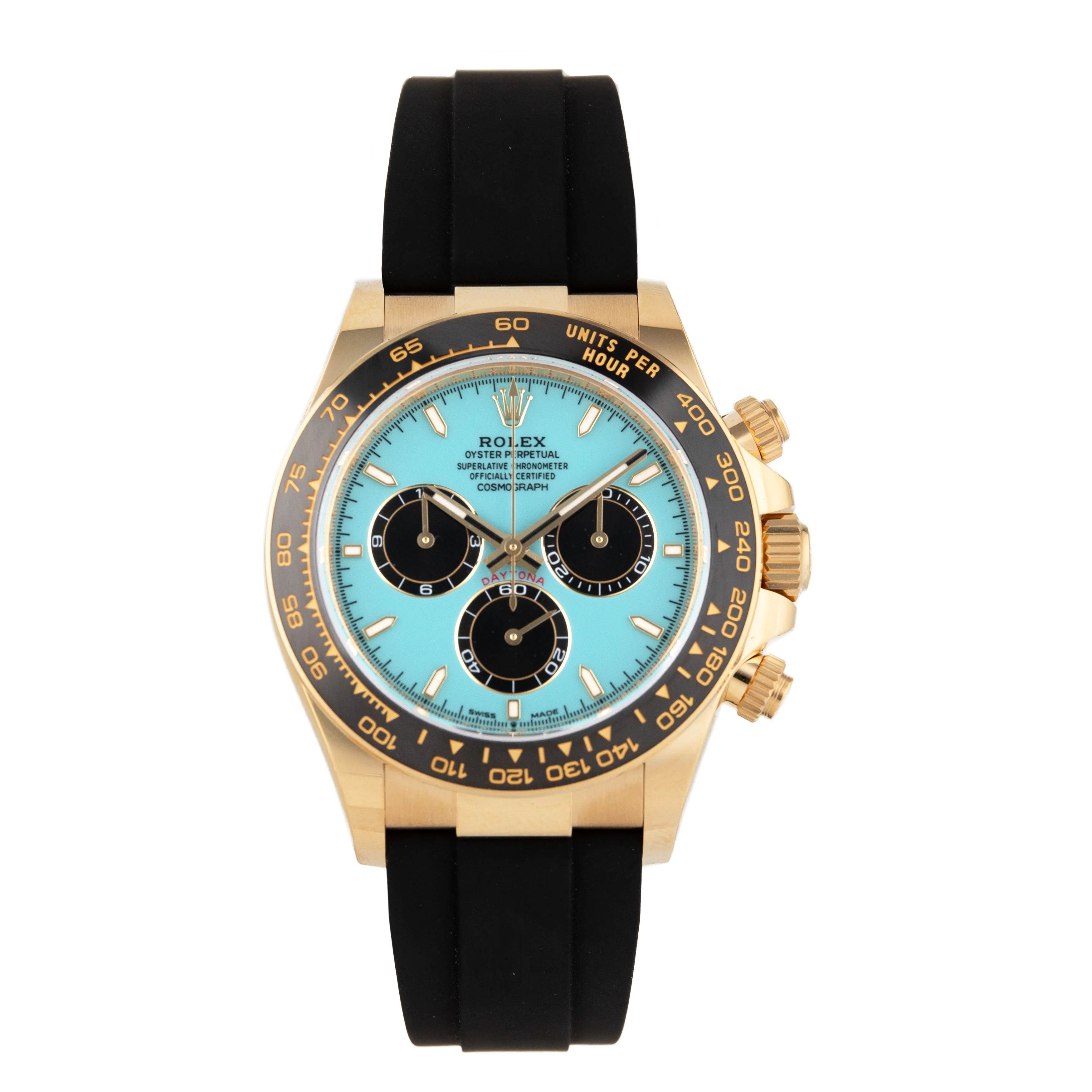 Rolex Cosmograph Daytona Yellow Gold Turquoise Blue Dial Oysterflex 40mm 126518LN Full Set