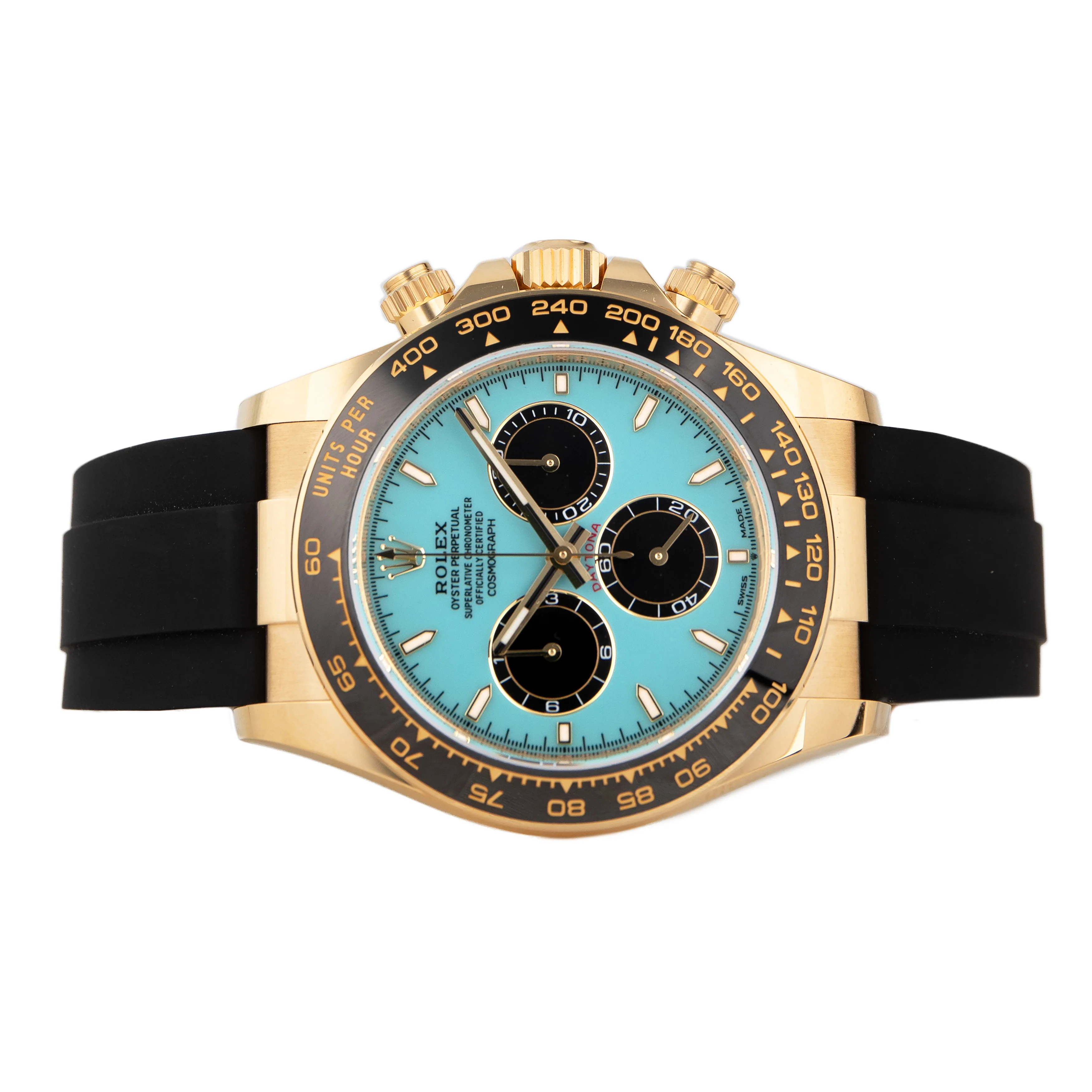 Rolex Cosmograph Daytona Yellow Gold Turquoise Blue Dial Oysterflex 40mm 126518LN Full Set - Image 2