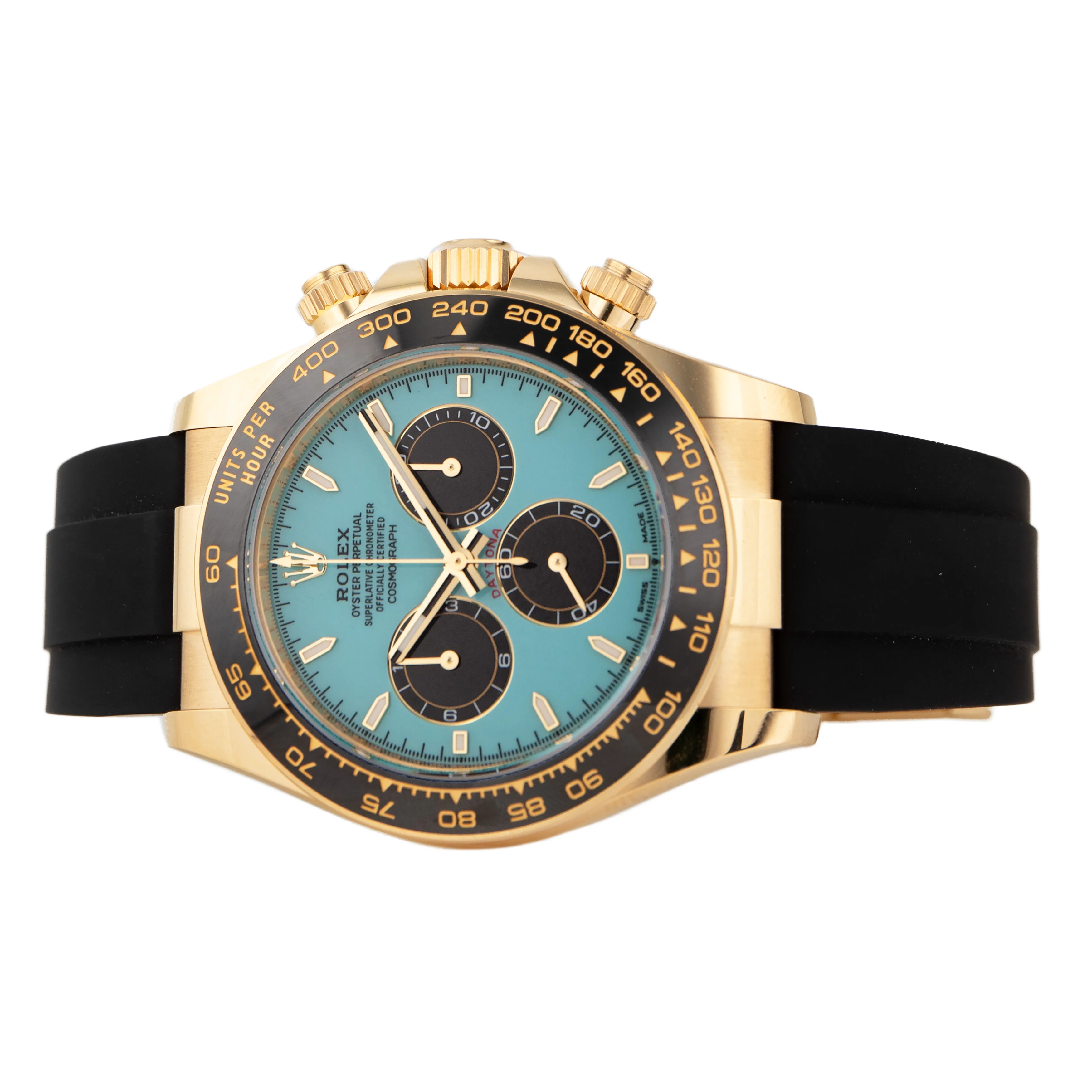 Rolex Cosmograph Daytona Yellow Gold Turquoise Blue Dial Oysterflex 40mm 126518LN Full Set - Image 3