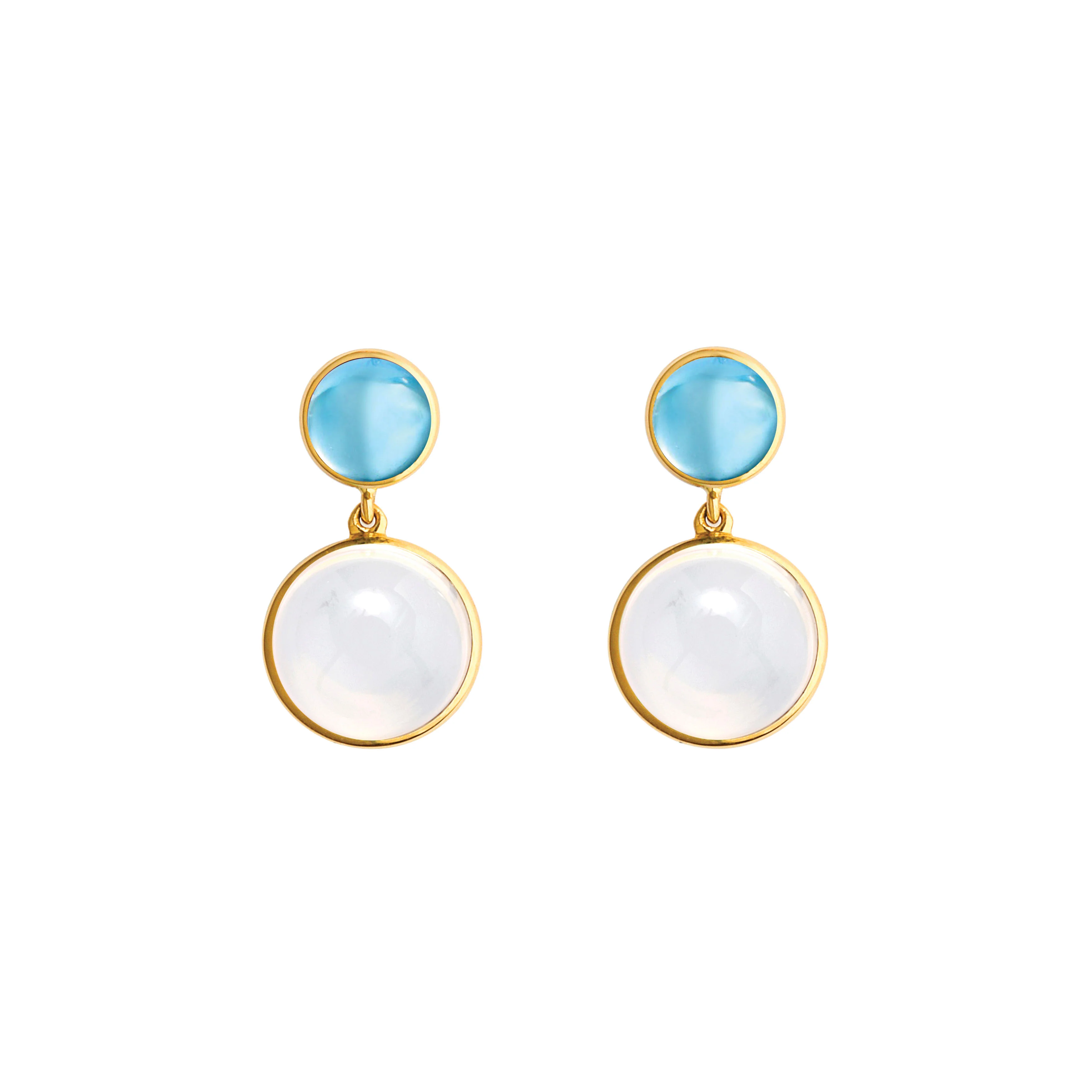 Syna Jewels 18k Yellow Gold Cirra Double Moon Quartz and Blue Topaz Bezel Set Drop Earrings