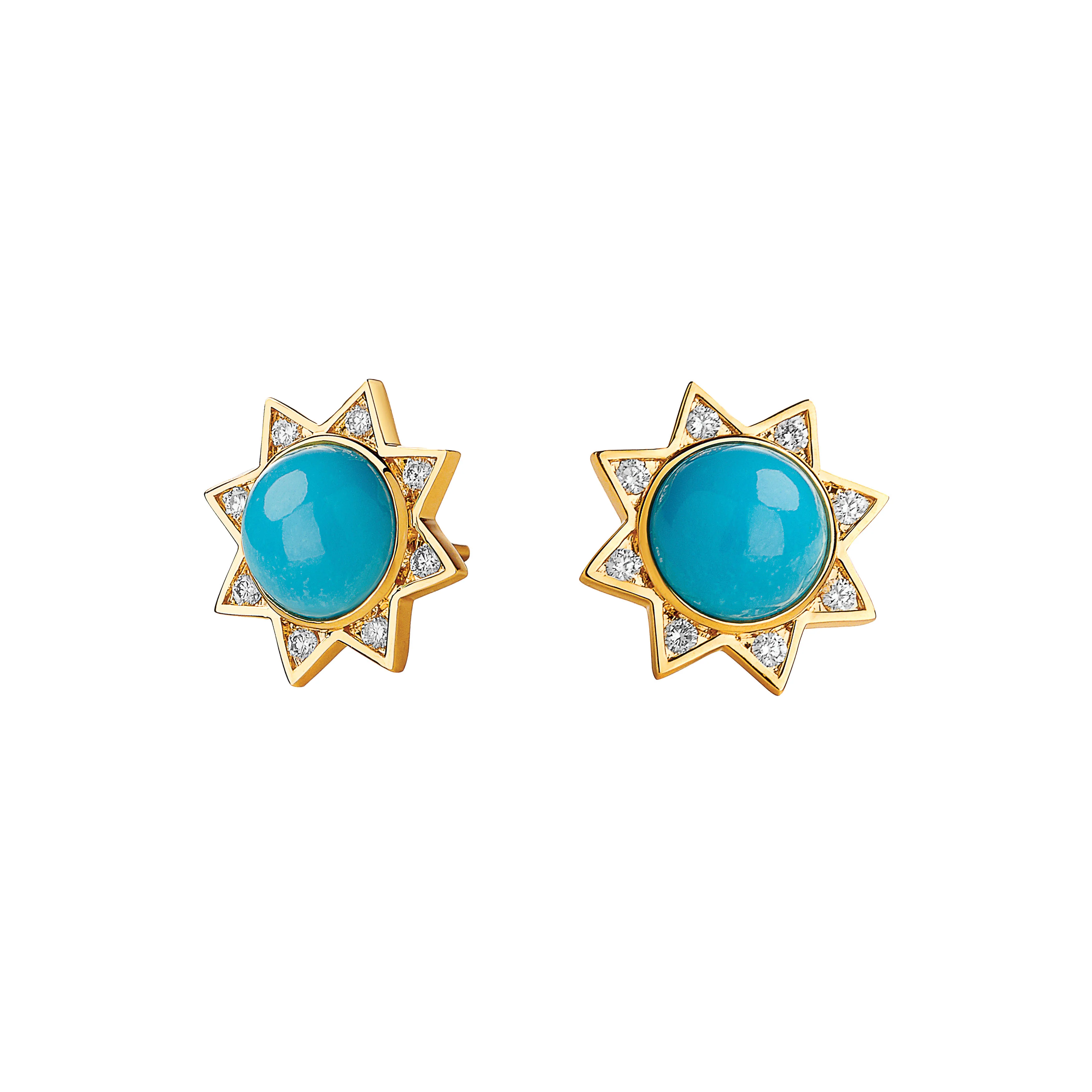 Syna Jewels 18k Yellow Gold Cosmic Star Sleeping Beauty Turquoise and Diamond Stud Earrings
