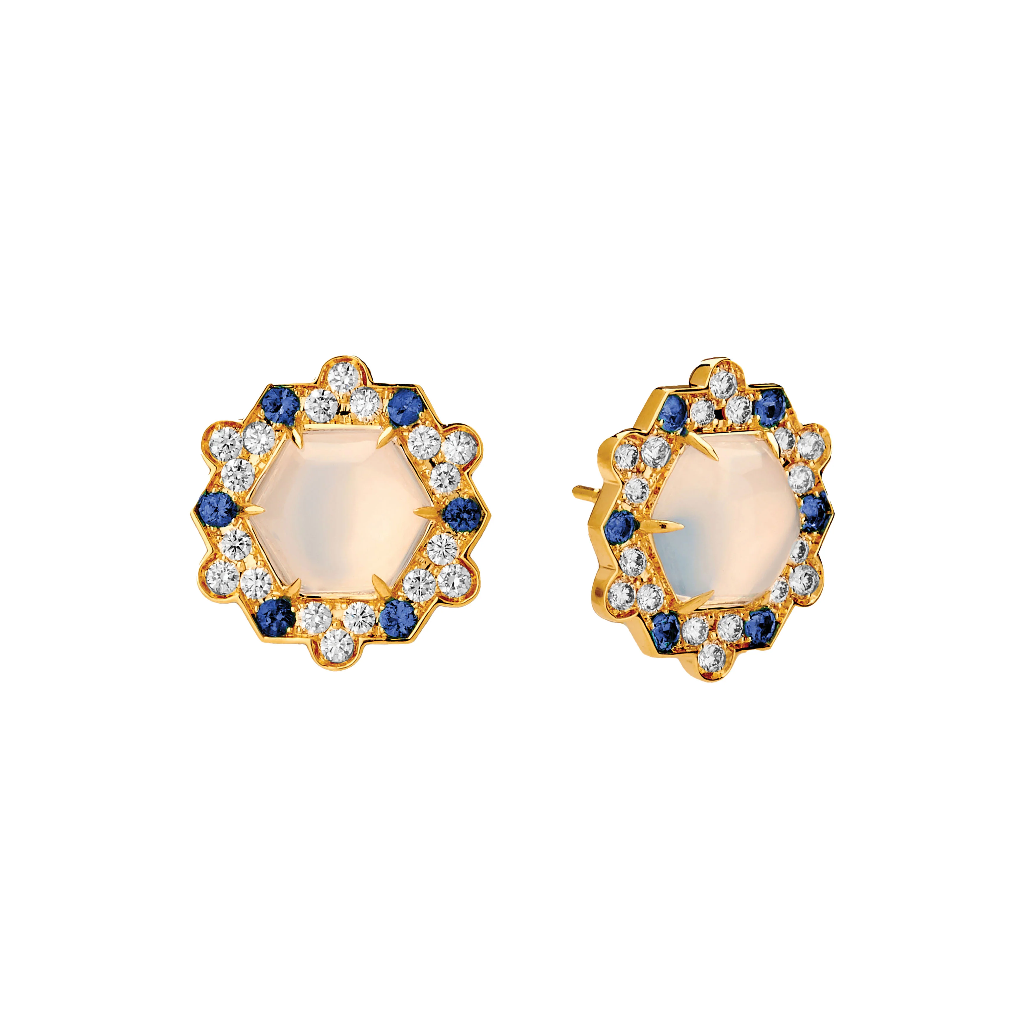Syna Jewels 18k Yellow Gold Hexagon Cabochon Moon Quartz, Sapphire and Diamond Earrings