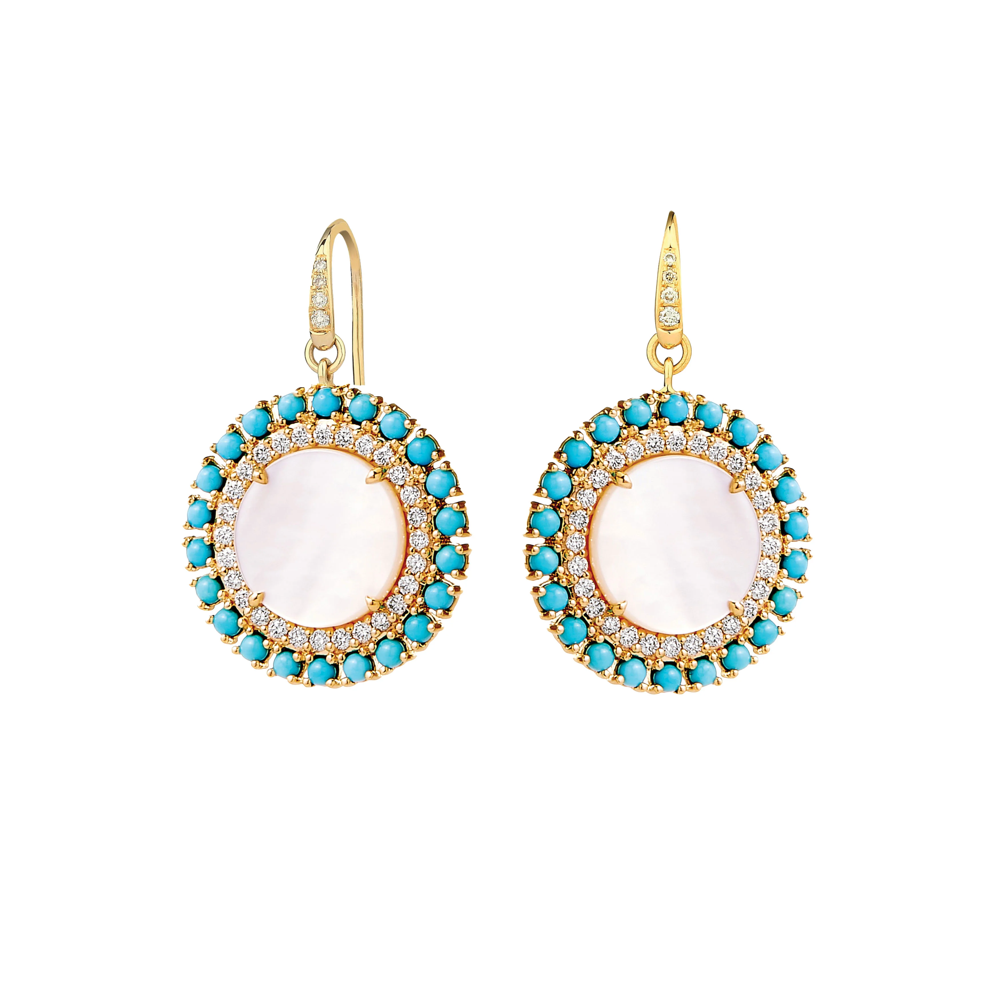 Syna Jewels 18k Yellow Gold Mother of Pearl, Turquoise and Diamond Dangle Earrings
